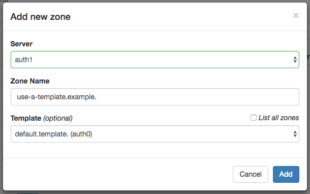 "Add new zone" dialog showing template zones